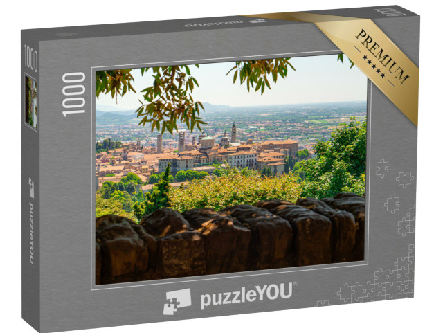 Puzzle 1000 pezzi „Vista di Bergamo dalla terrazza vicino alla chiesa di San Vigilio, chiesa di Santa Maria Maggiore“