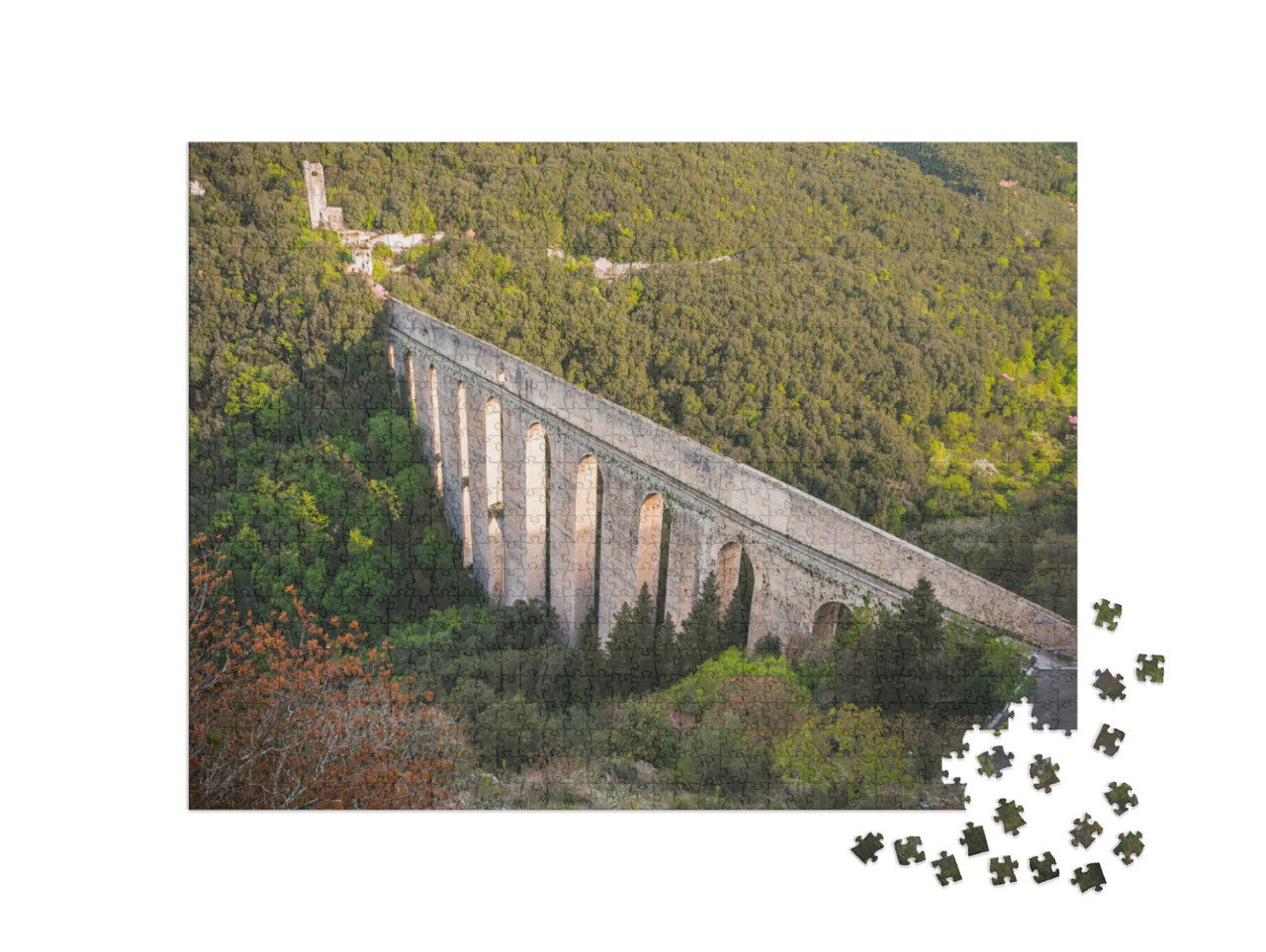 Puzzle 1000 pezzi „Il Ponte delle Torri è un ponte ad arco derivato da un acquedotto romano che si trova a Spoleto.“