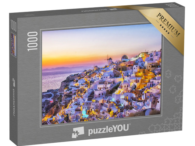 Puzzle 1000 pezzi „Il villaggio di Oia con le tradizionali case bianche e i mulini a vento, Santorini, Grecia“