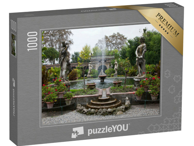 Puzzle 1000 pezzi „Fontana con statue nel giardino barocco di Palazzo Pfanner, nel centro storico di Lucca, Toscana“