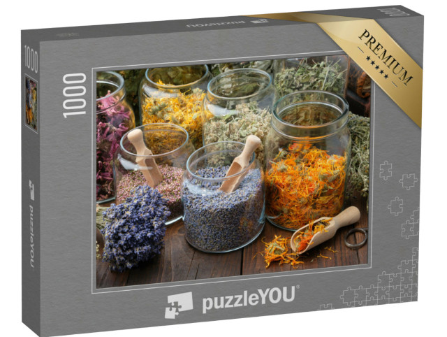 Puzzle 1000 pezzi „Vasetti di vetro con fiori secchi di lavanda e calendula“