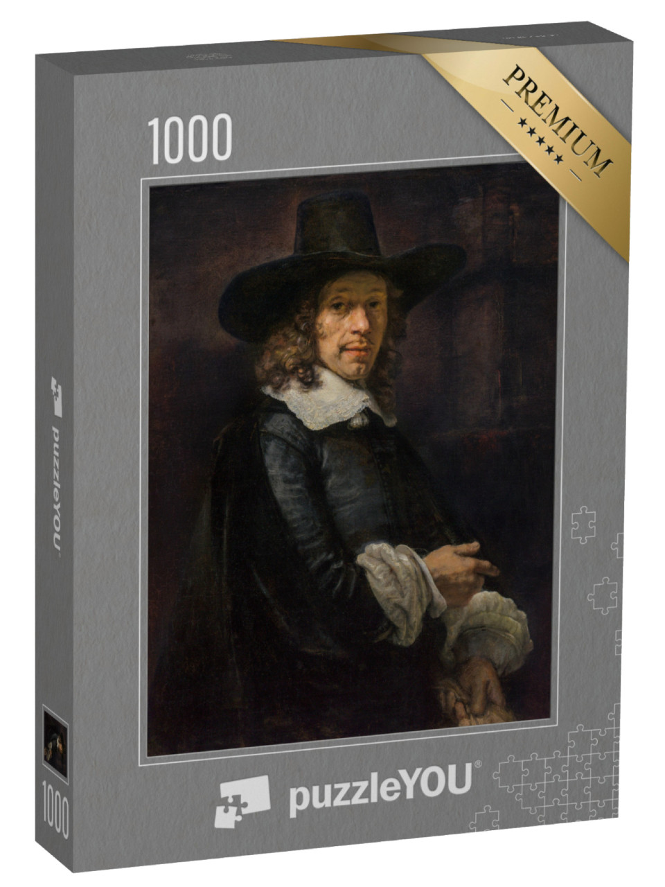 Puzzle 1000 pezzi „Rembrandt - Ritratto di gentiluomo con grande cappello e guanti“