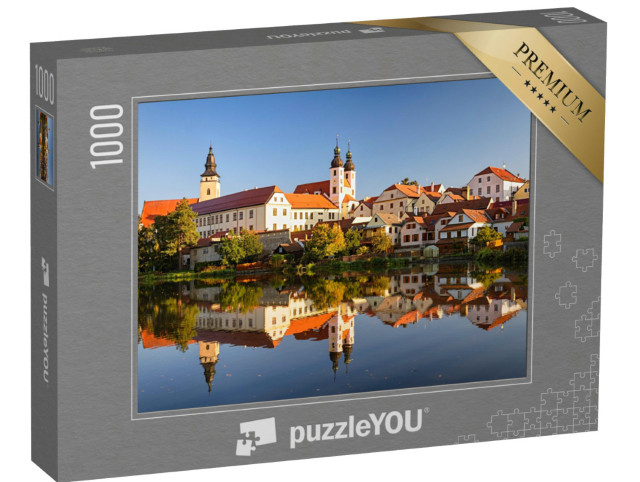 Puzzle 1000 pezzi „Vista di Telc attraverso lo stagno con riflessi, Moravia meridionale, Repubblica Ceca“