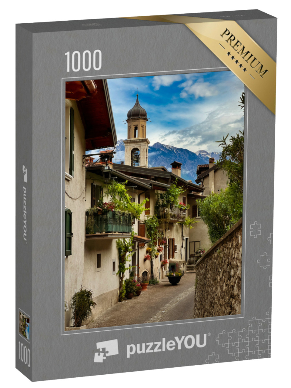 Puzzle 1000 pezzi „Idilliaca strada di un villaggio italiano con piante e fiori verdi. Limone sul Garda“