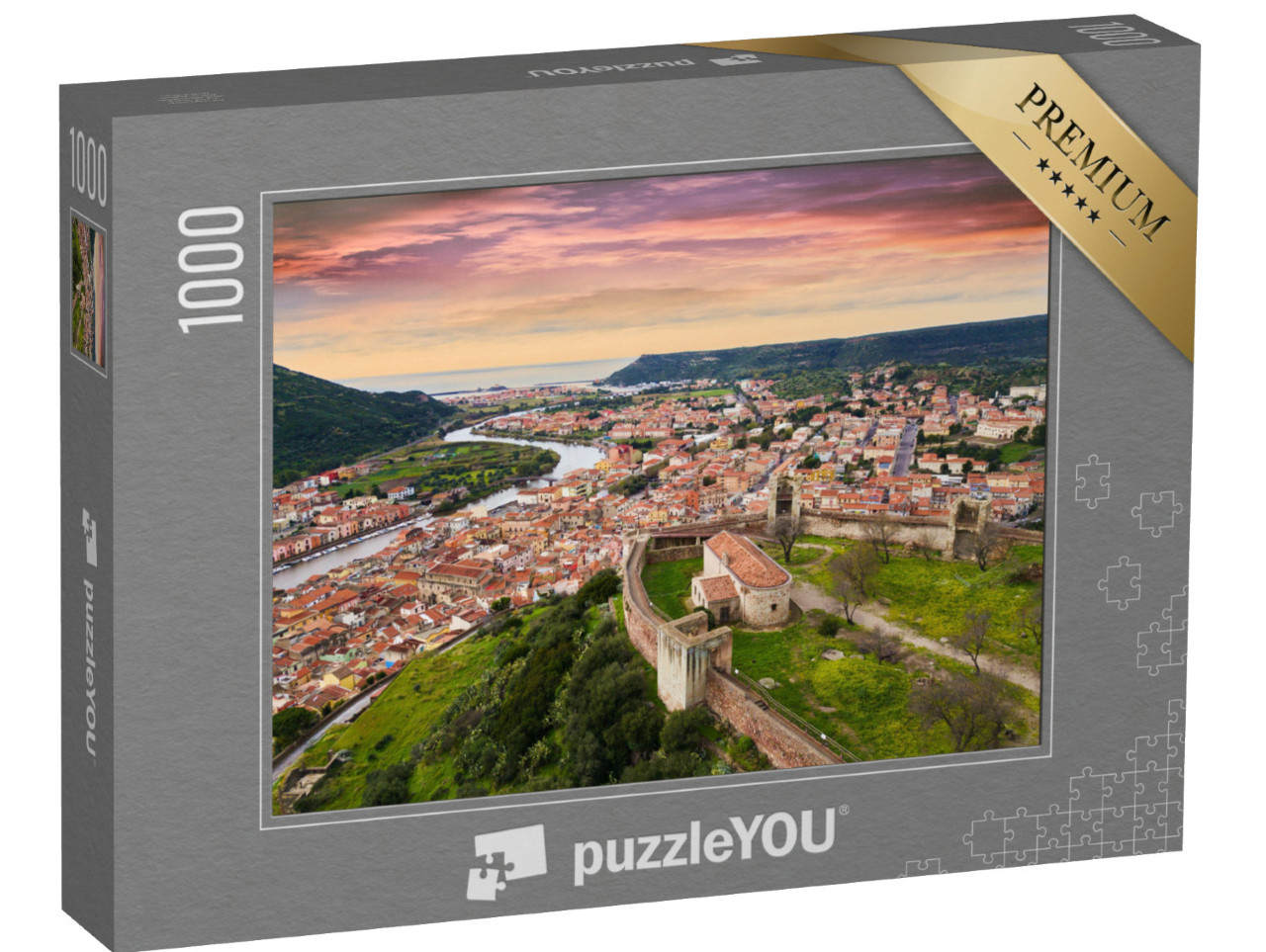 Puzzle 1000 pezzi „Veduta del paesaggio dal castello al centro di Bosa, Sardegna, Italia“