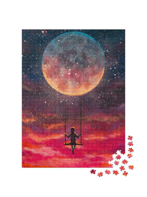 Puzzle 1000 pezzi „Pittura acrilica dipinta a mano: Ragazza o ragazzo su altalena, luna“