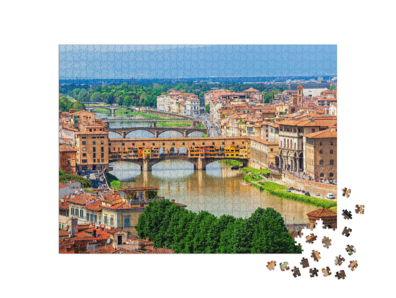 Puzzle 1000 pezzi „Vista panoramica del ponte medievale in pietra Ponte Vecchio sul fiume Arno a Firenze, in Toscana“