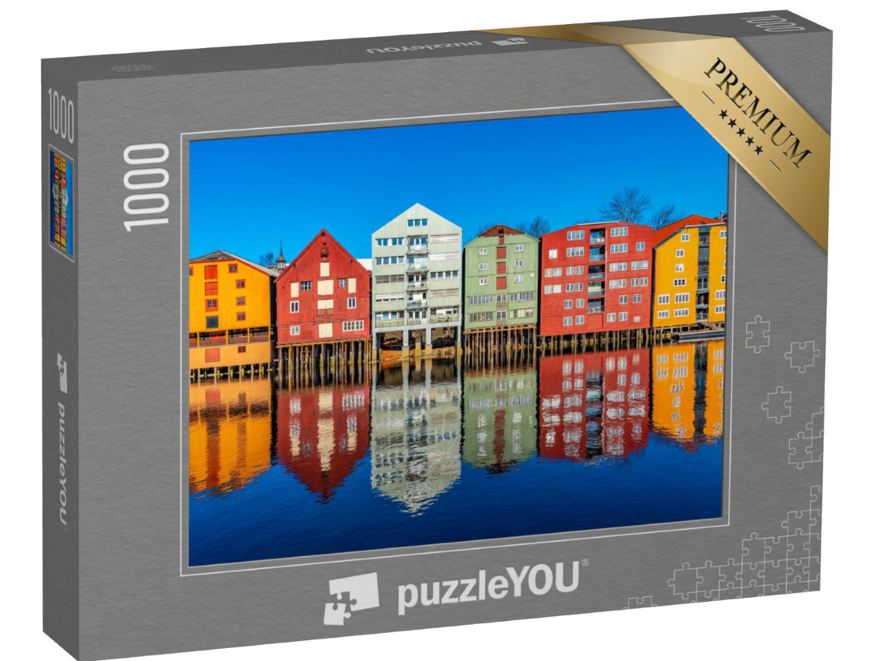 Puzzle 1000 pezzi „Case di legno lungo il fiume Nidelva nel quartiere Brygge di Trondheim, Norvegia“