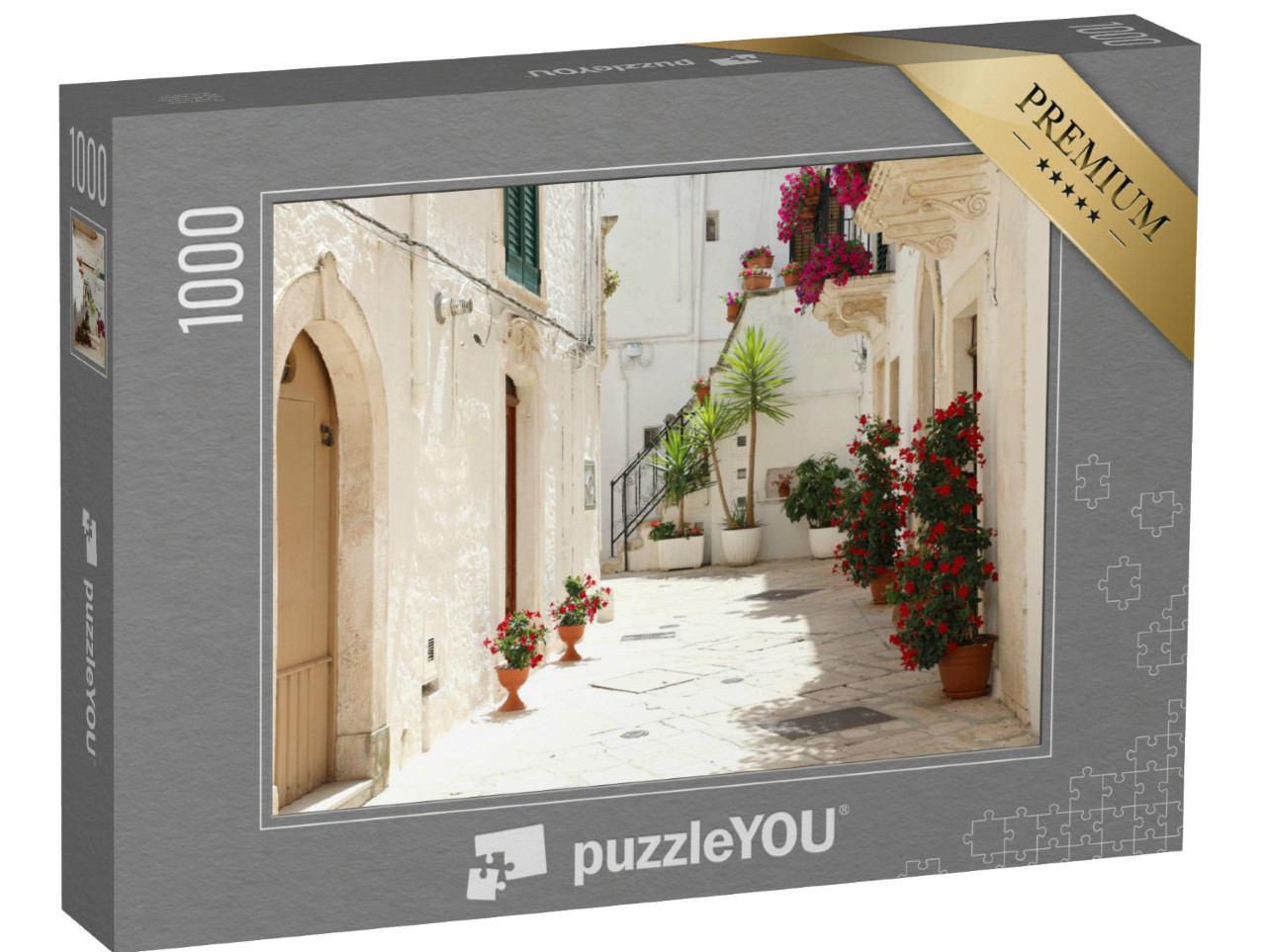 Puzzle 1000 pezzi „Vicolo fiorito nel centro storico di Locorotondo con pareti bianche in Puglia, Italia“