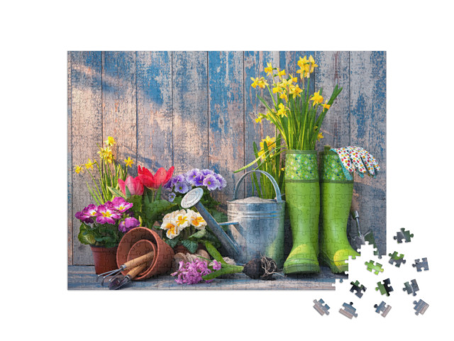 Puzzle 500 pezzi „Attrezzi da giardino e fiori in terrazza“