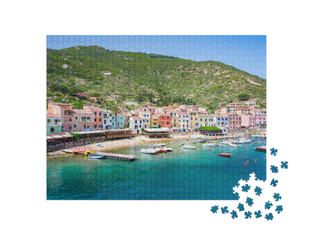 Puzzle 1000 pezzi „Giglio Porto sull'Isola del Giglio, Toscana, Italia, vicino al Monte Argentario e a Porto Santo Stefano“