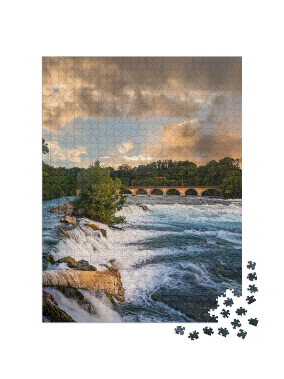 Puzzle 1000 pezzi „Paesaggio delle cascate del Reno con viadotto ferroviario, Canton Sciaffusa, Svizzera“