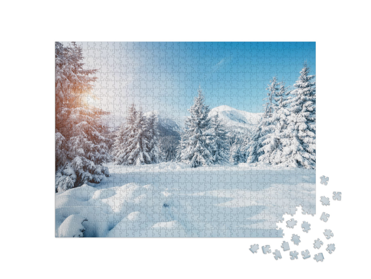 Puzzle 1000 pezzi „Soleggiato paesaggio invernale, Carpazi, Urkaine“