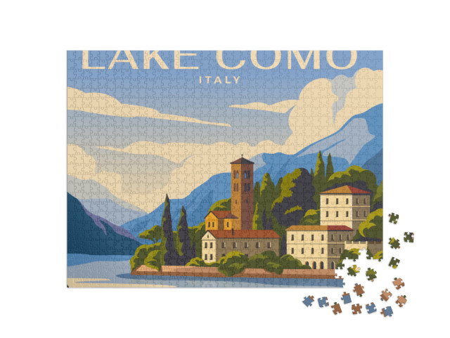 Puzzle 1000 pezzi „Splendido paesaggio naturale del lago di Como con case tradizionali e montagne“