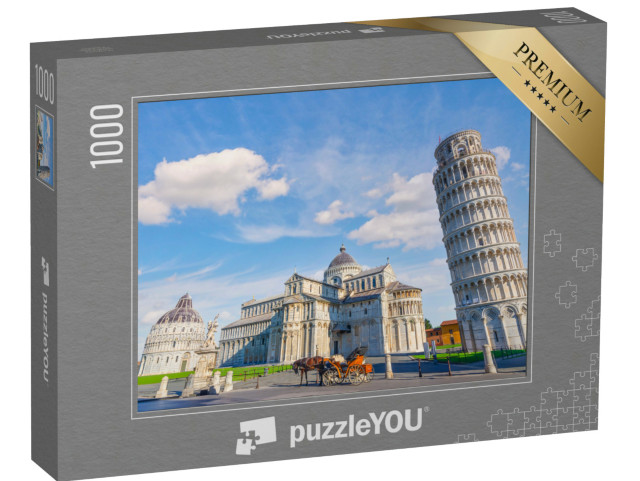 Puzzle 1000 pezzi „Cavallo con carrozza sulla piazza con la torre pendente e le cattedrali di Pisa, Italia“