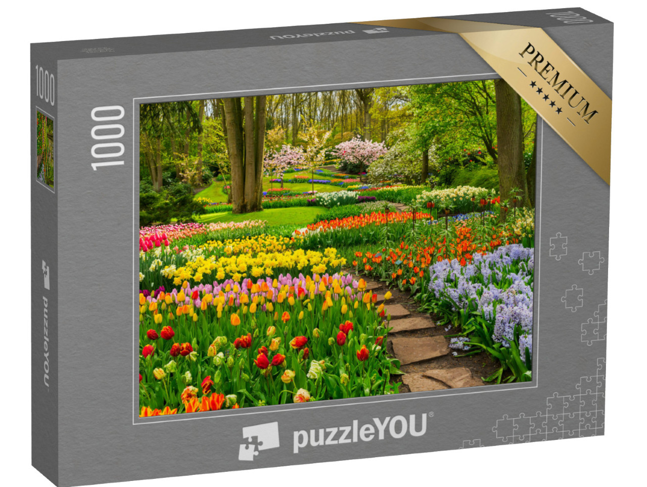 Puzzle 1000 pezzi „Giardino di tulipani colorati sotto gli alberi“