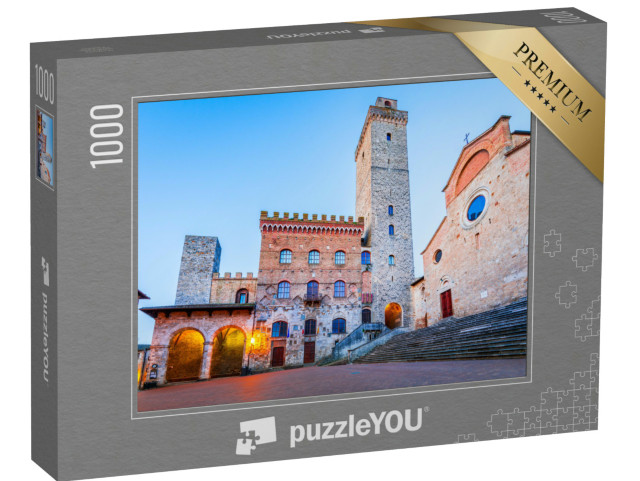 Puzzle 1000 pezzi „Vista pittoresca della famosa Piazza del Duomo di San Gimignano all'alba, Toscana, Italia“