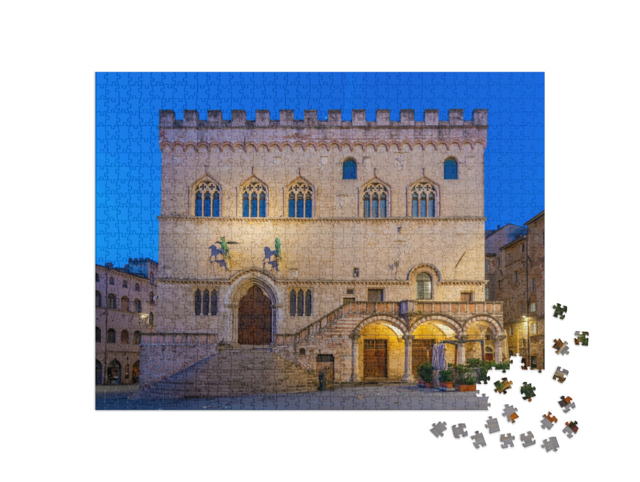 Puzzle 1000 pezzi „Alba sul Palazzo dei Priori nel centro storico di Perugia.“