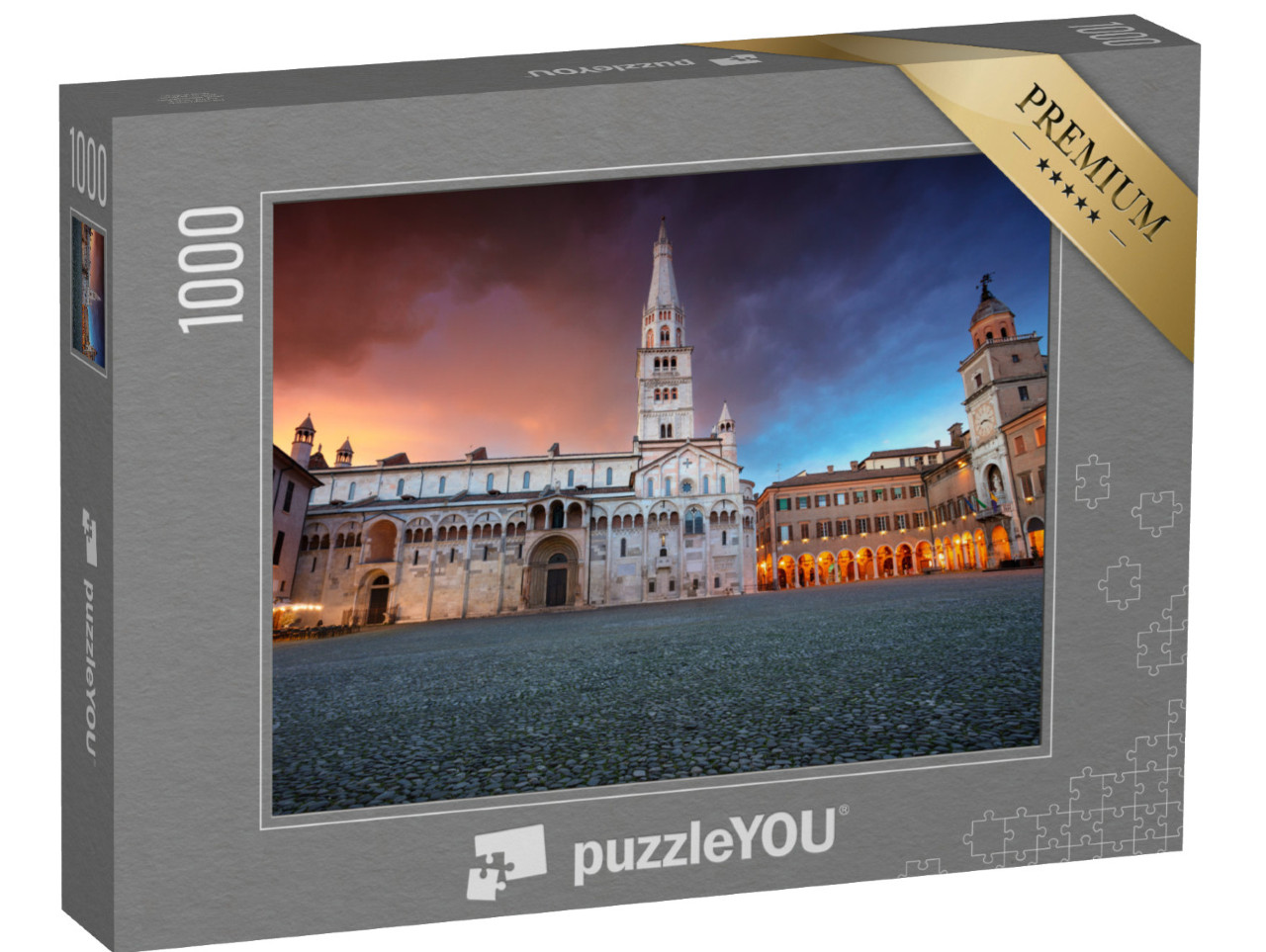 Puzzle 1000 pezzi „Immagine del paesaggio urbano di Modena, Italia, con Piazza Grande al drammatico tramonto primaverile.“