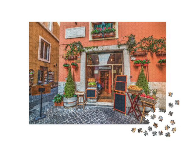 Puzzle 1000 pezzi „Un pittoresco negozio di frutta a Roma, Italia“