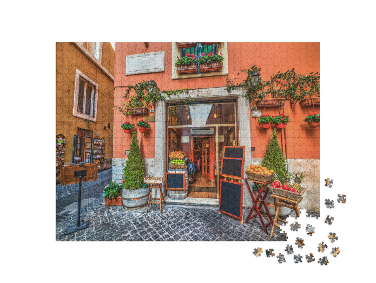 Puzzle 1000 pezzi „Un pittoresco negozio di frutta a Roma, Italia“