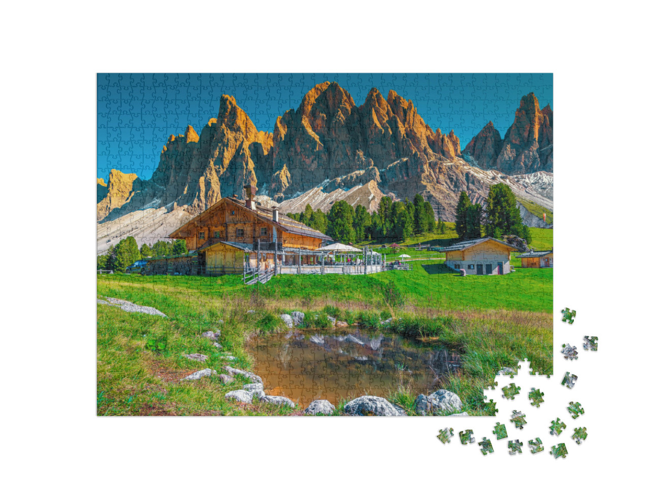 Puzzle 1000 pezzi „Gruppo montuoso Geisler mozzafiato, Dolomiti, Italia“