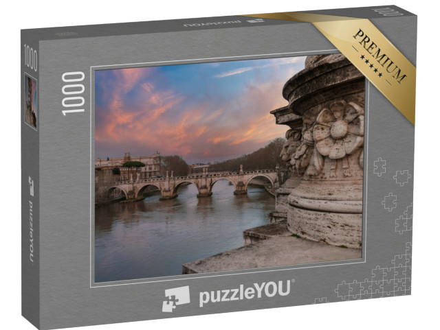 Puzzle 1000 pezzi „Storico ponte in pietra con archi, statue e design classico europeo, sul fiume Tevere a Roma“