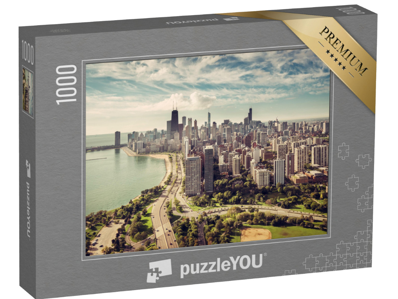 Puzzle 1000 pezzi „Lo skyline di Chicago con la strada sulla spiaggia dall'alto“