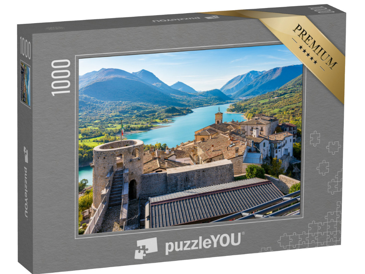 Puzzle 1000 pezzi „Splendida vista panoramica nel paese di Barrea, in provincia di L'Aquila, nella regione Abruzzo.“