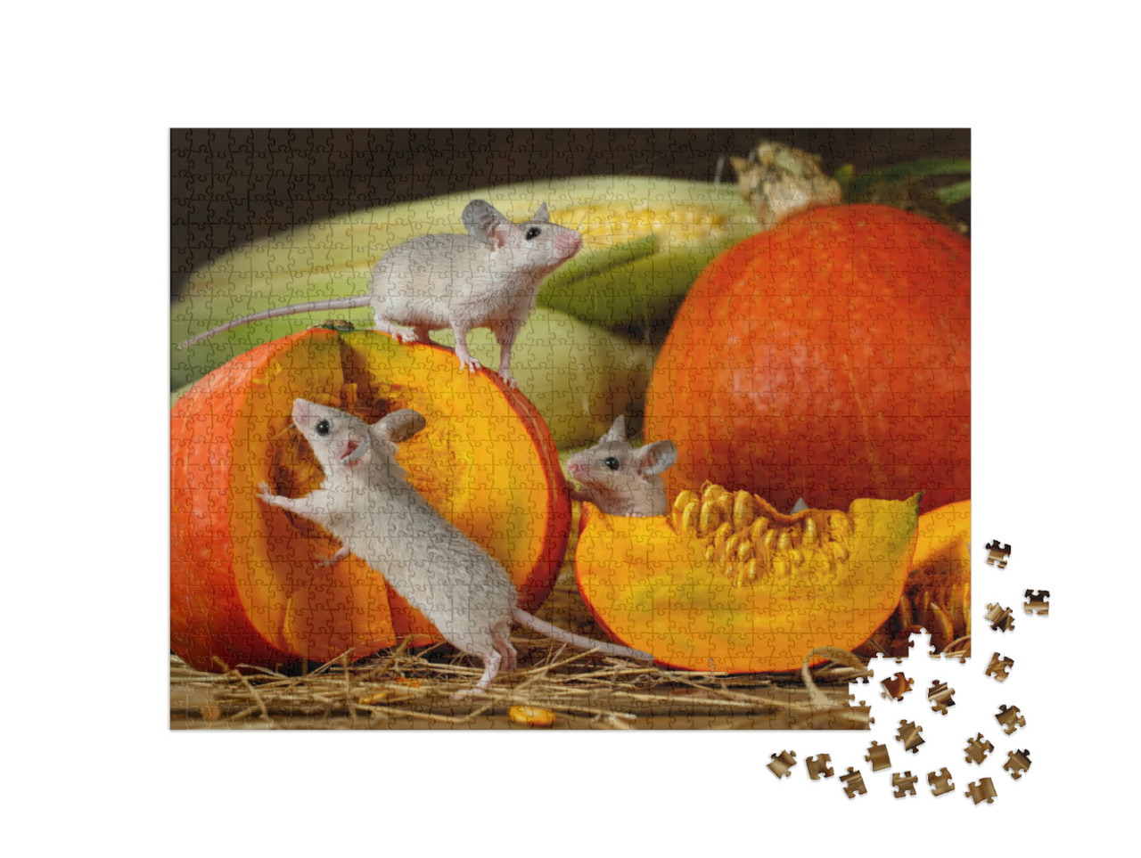 Puzzle 1000 pezzi „Tre giovani topi esplorano le zucche raccolte“