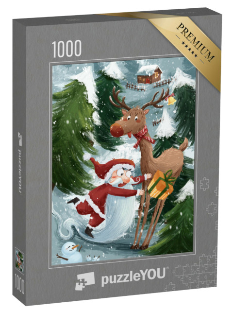 Puzzle 1000 pezzi „Divertente illustrazione natalizia con Babbo Natale, renna e pupazzo di neve“