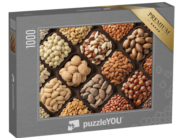 Puzzle 1000 pezzi „Semi e frutta secca in piccole ciotole di legno simmetriche“