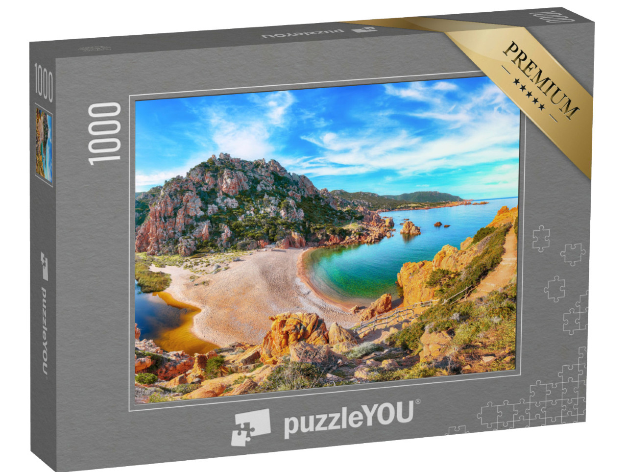 Puzzle 1000 pezzi „Spiaggia di Li Cossi, pittoresco paesaggio marino mediterraneo, Costa Paradiso, Sardegna, Italia“