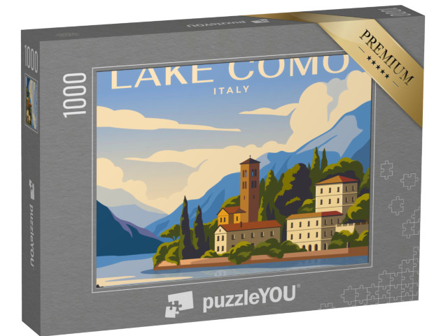 Puzzle 1000 pezzi „Splendido paesaggio naturale del lago di Como con case tradizionali e montagne“