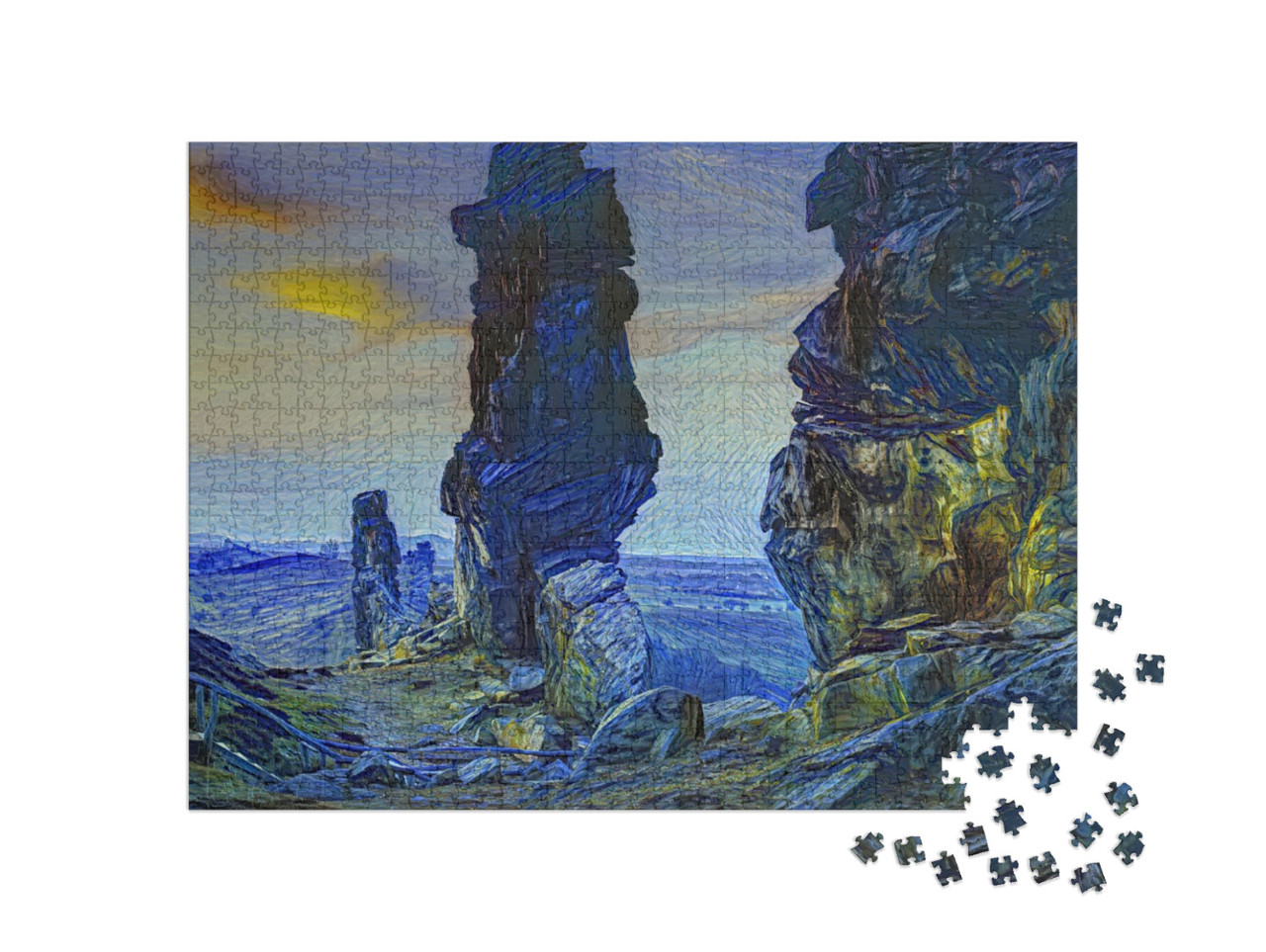 Puzzle 1000 pezzi „nello stile artistico di van Gogh, Notte stellata - Muro del Diavolo nei monti Harz, Germania“