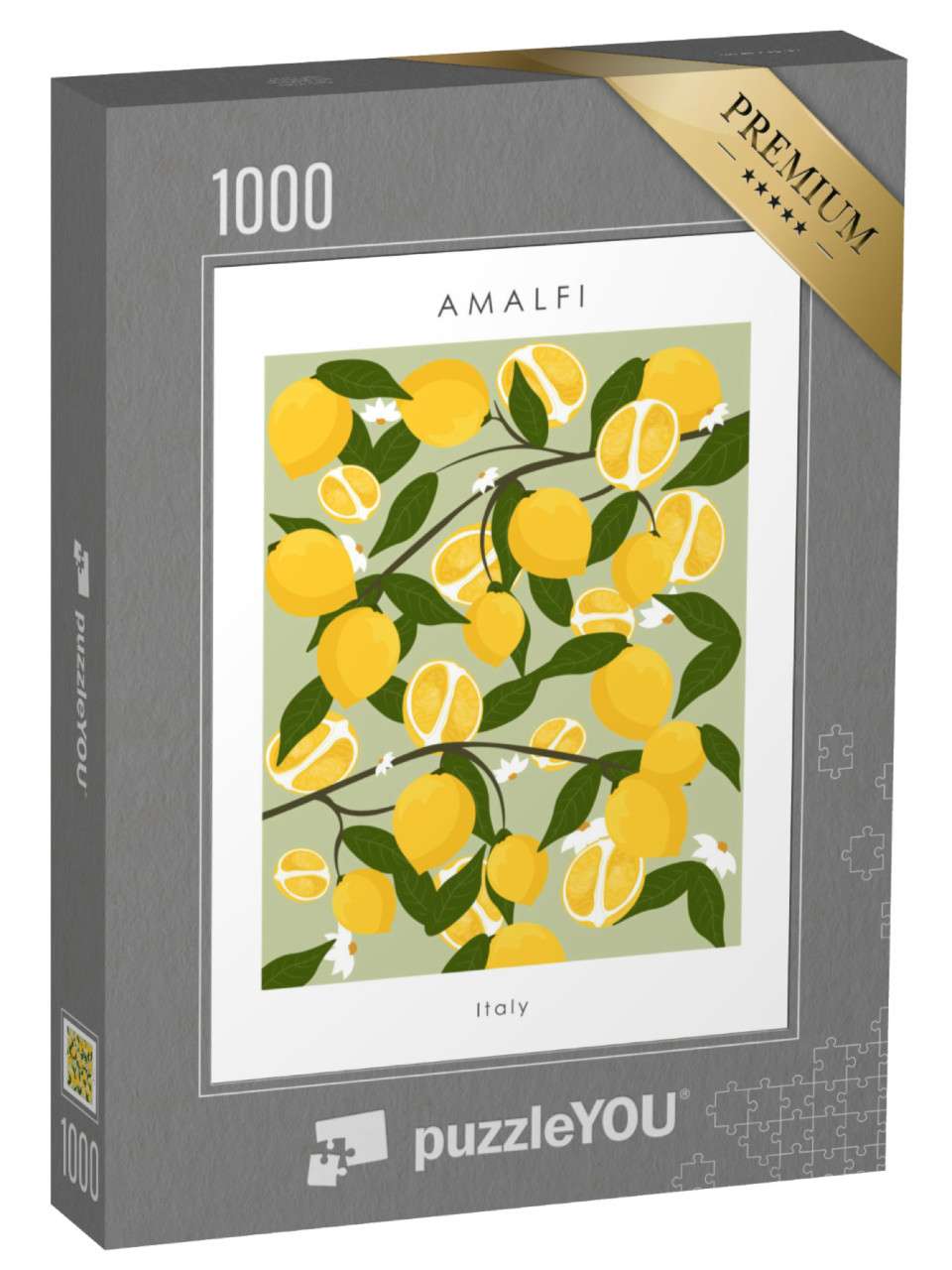 Puzzle 1000 pezzi „Illustrazione vettoriale. Amalfi, Italia. Poster. Design per poster, banner, cartolina. Limone, lime“