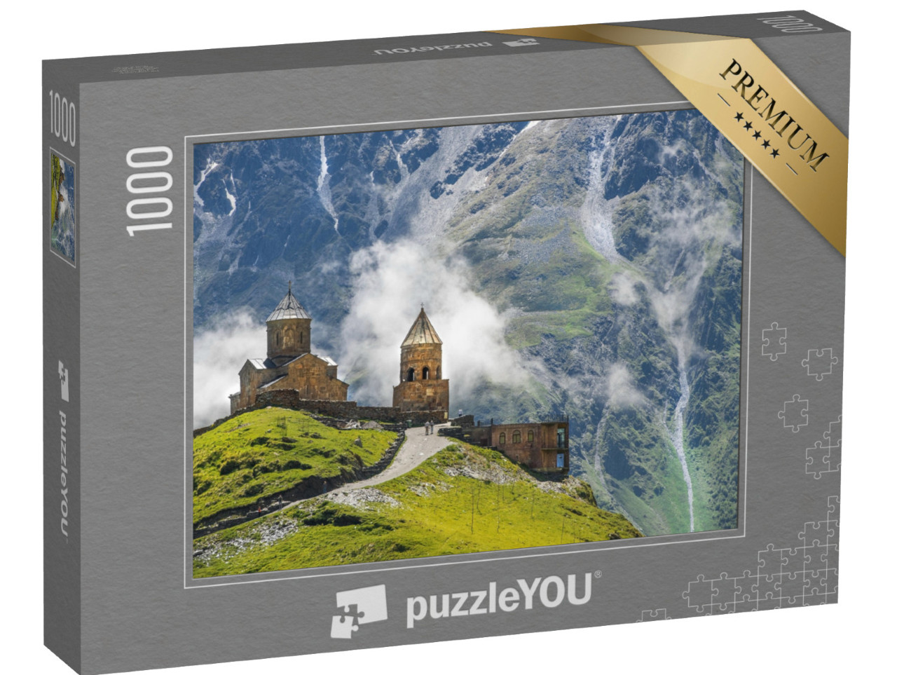 Puzzle 1000 pezzi „Chiesa della Trinità di Gergeti, vicino al villaggio di Gergeti in Georgia“