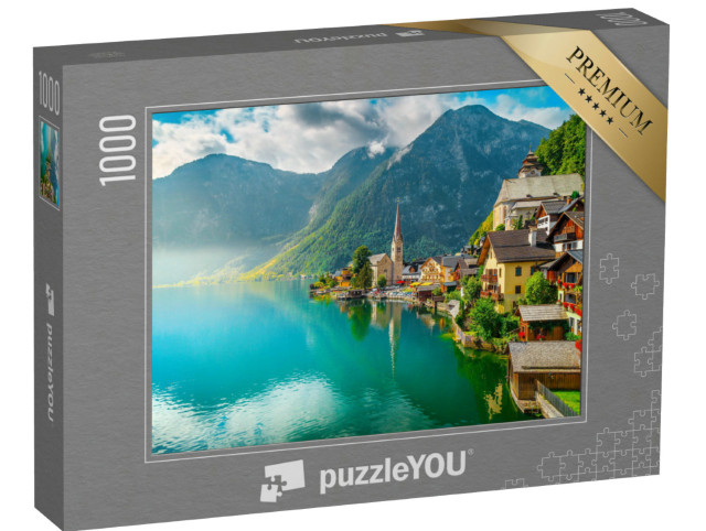 Puzzle 1000 pezzi „Il pittoresco villaggio di Hallstadt e il lago di Hallstadt, Salzkammergut, Austria“