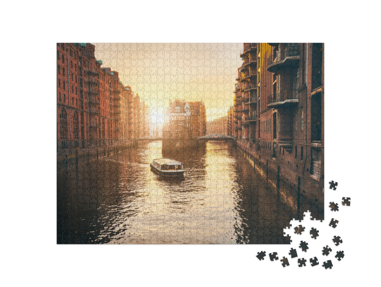 Puzzle 1000 pezzi „Tramonto sul quartiere dei magazzini di Amburgo“