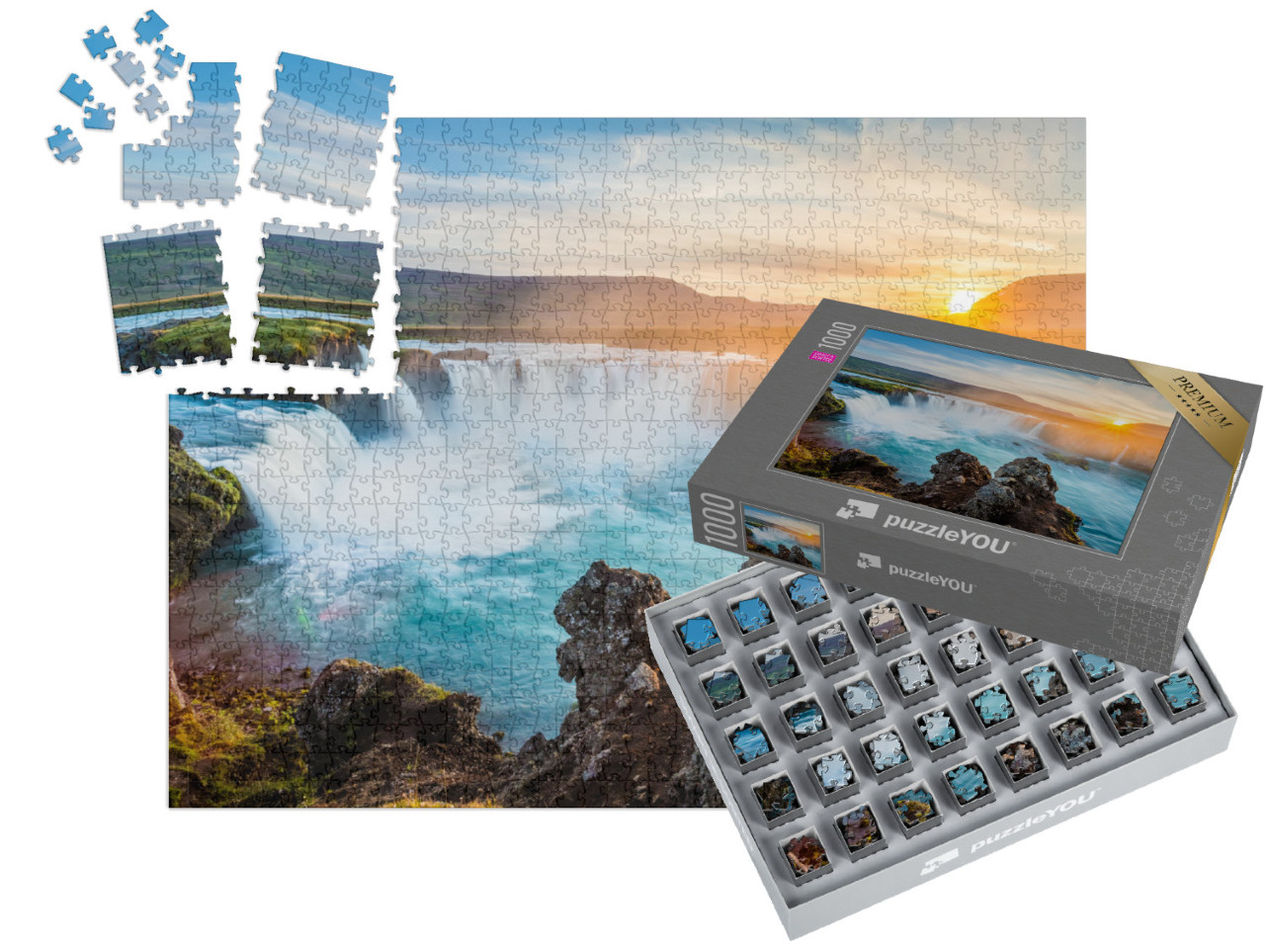 SMART SORTED® | Puzzle 1000 pezzi „Cascata di Godafoss al tramonto, Islanda“