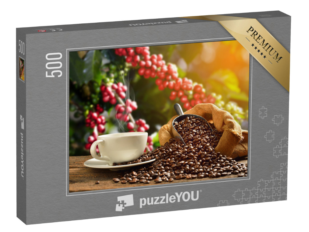 Puzzle 500 pezzi „Tazza di caffè fumante con chicchi di caffè“