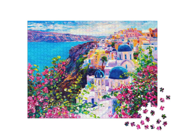 Puzzle 1000 pezzi „Santorini: bellissimo dipinto ad olio del paesaggio marino“