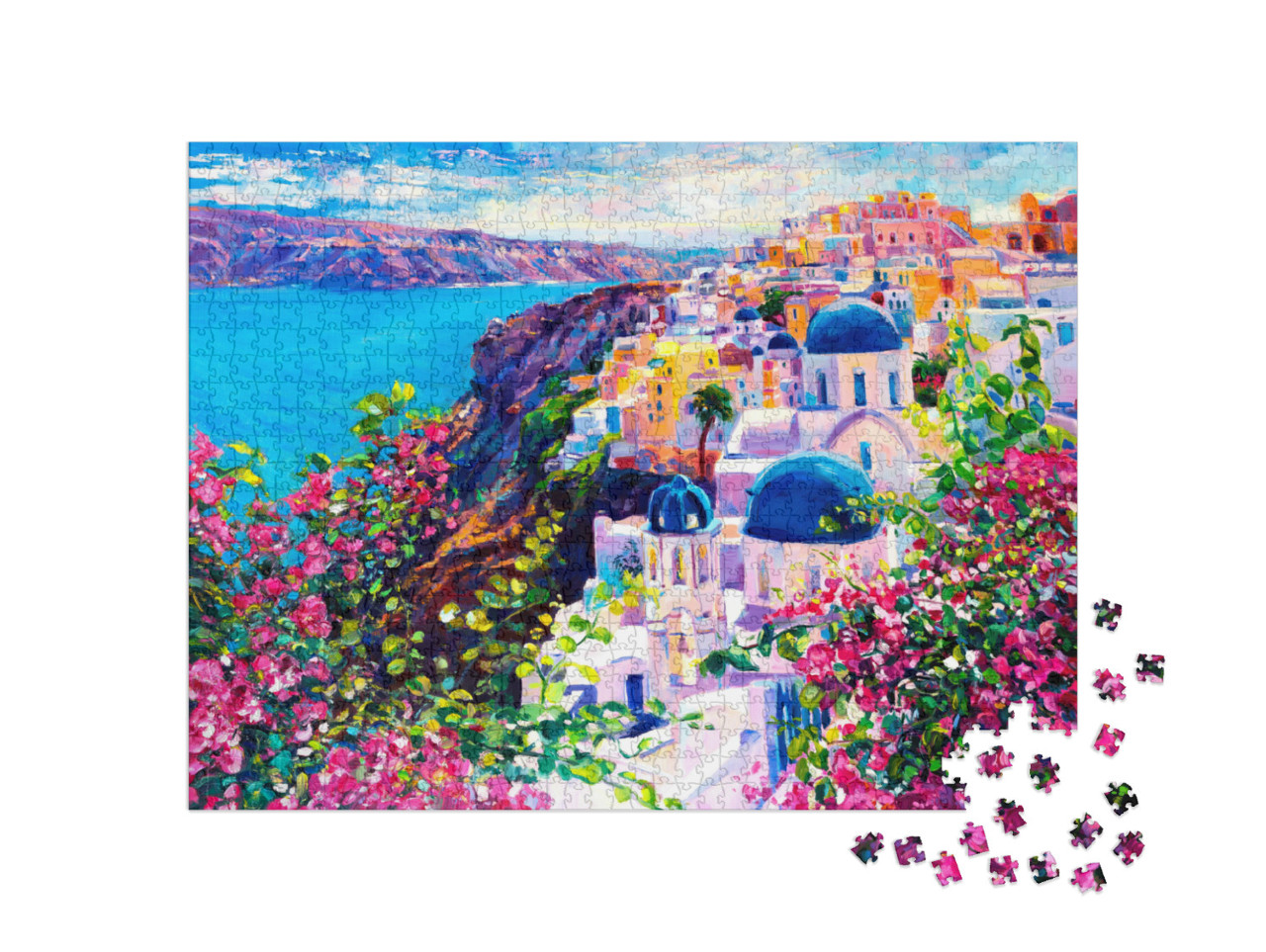 Puzzle 1000 pezzi „Santorini: bellissimo dipinto ad olio del paesaggio marino“