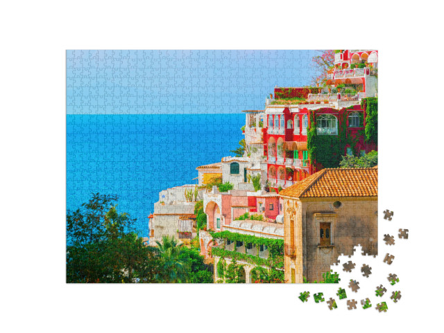 Puzzle 1000 pezzi „Ville a Positano sul Mar Tirreno, Costiera Amalfitana, Italia. Estate“