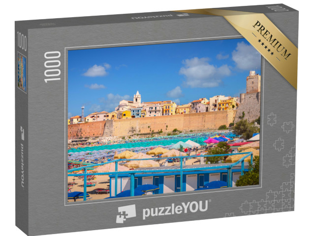 Puzzle 1000 pezzi „Vista panoramica del centro storico di Termoli con gli ombrelloni, le case colorate e il Castello Svevo“