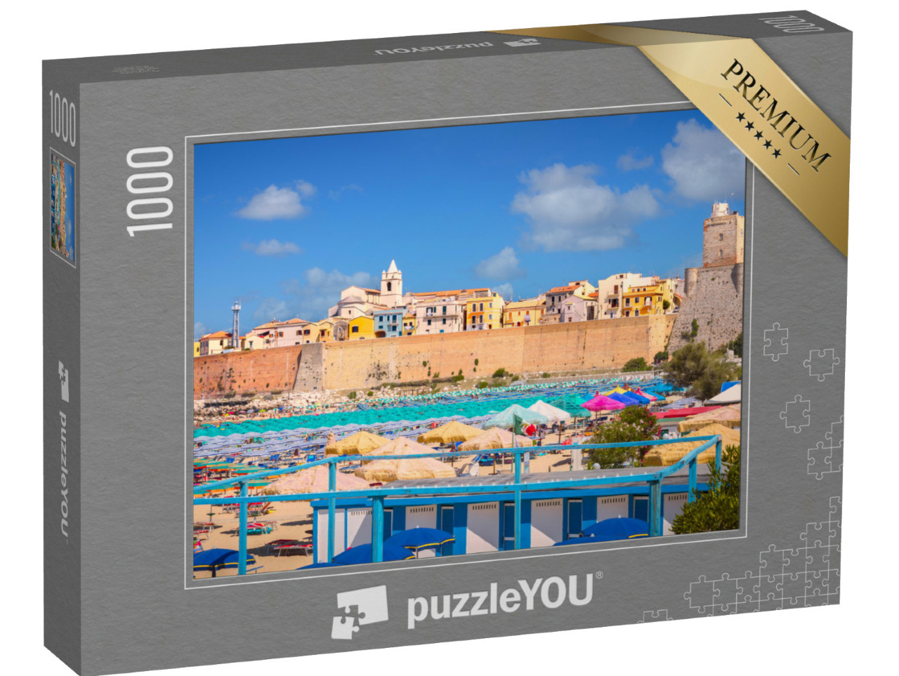 Puzzle 1000 pezzi „Vista panoramica del centro storico di Termoli con gli ombrelloni, le case colorate e il Castello Svevo“