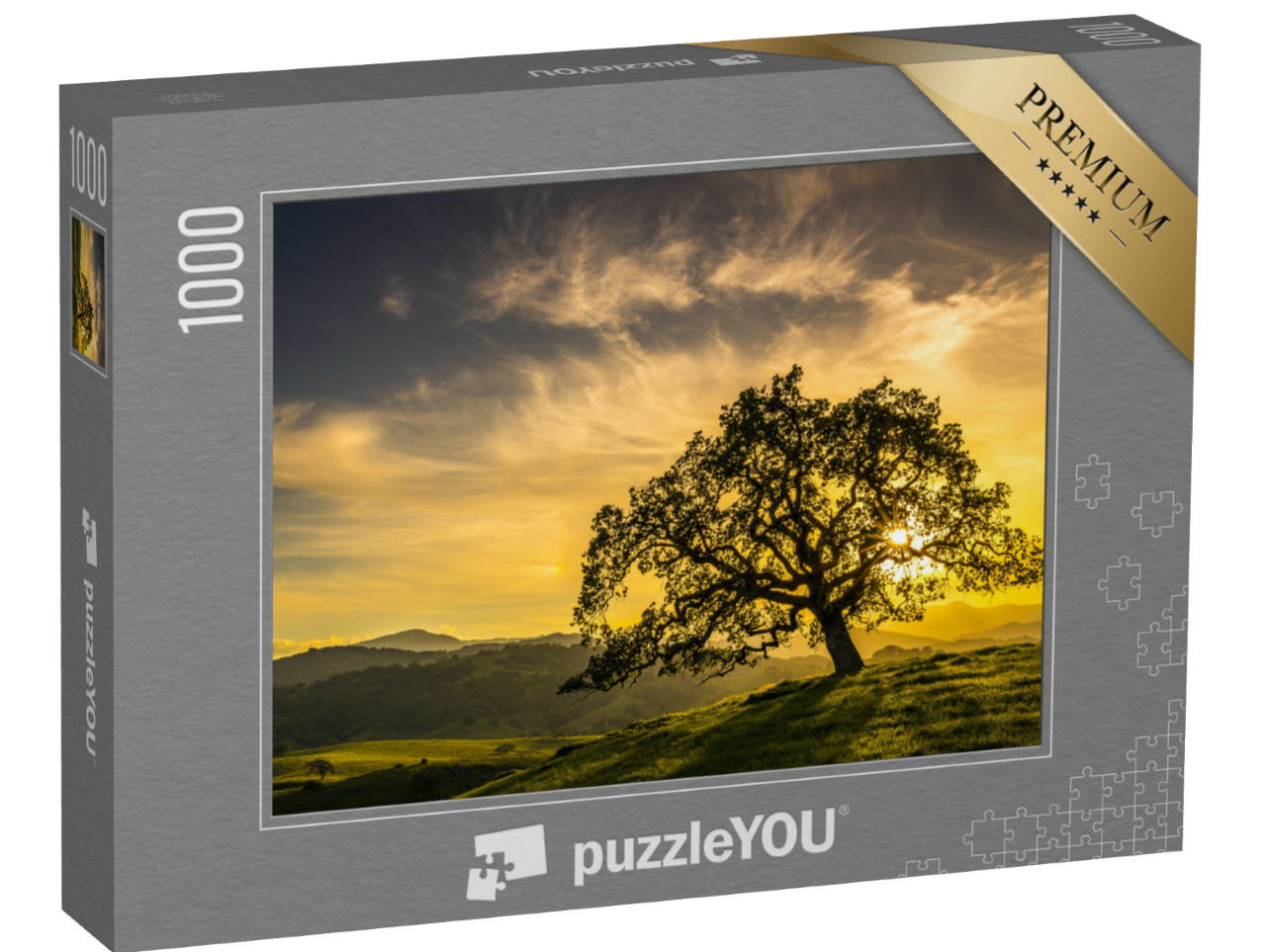 Puzzle 1000 pezzi „Tramonto attraverso una quercia vicino a San Jose, California“