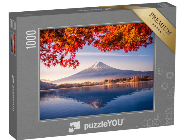 Puzzle 1000 pezzi „Mattinata d'autunno sul Monte Fuji con foglie rosse al lago Kawaguchiko, Giappone“