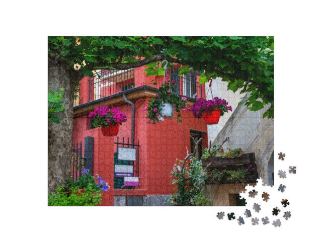 Puzzle 1000 pezzi „Accogliente strada di paese a Manarola, Italia. Tipica veduta della strada italiana con edifici colorati“