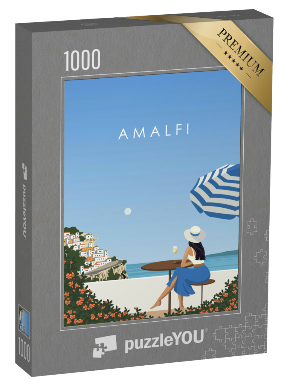 Puzzle 1000 pezzi „Illustrazione vettoriale. Poster murale, cartolina, copertina, packaging design. Amalfi. Caffè estivo“